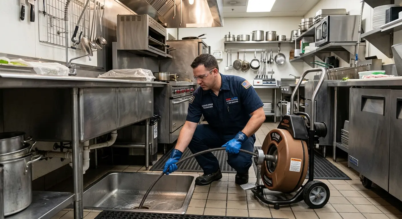 Commercial drain cleaning service in a restaurant kitchen in Farmers Branch