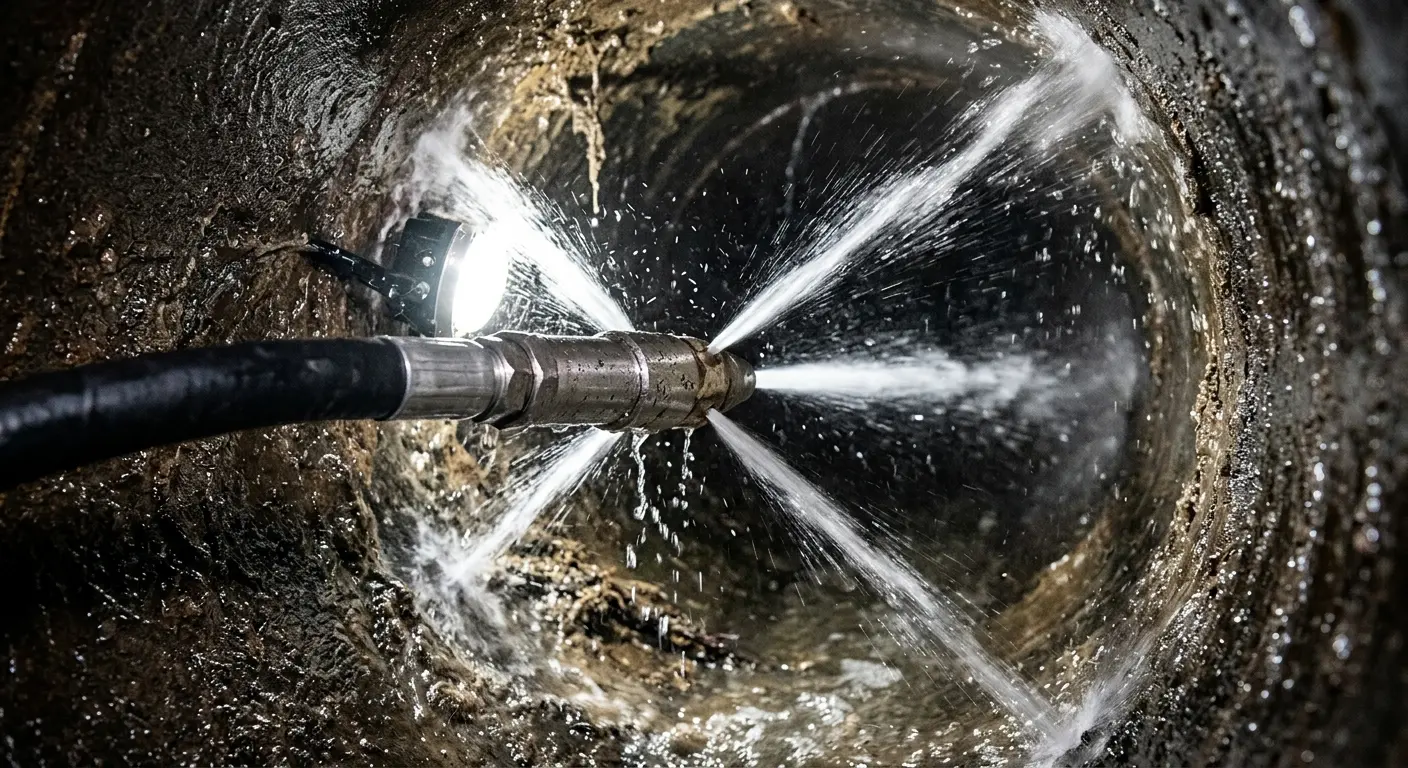High-pressure hydro jetting nozzle cleaning sewer pipe for Trenchless Sewer Repair in Farmers Branch