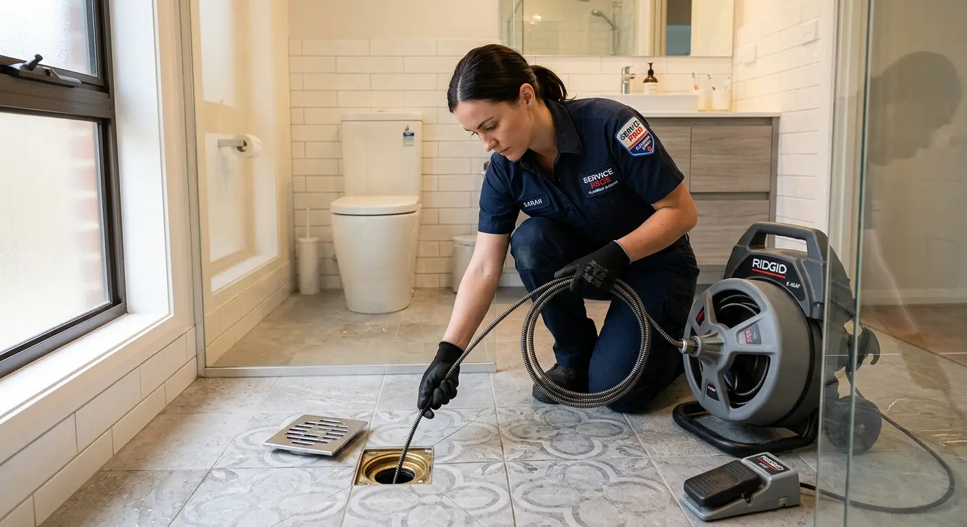 Technician clearing a bathroom floor drain for Sewer Line Installation in Farmers Branch